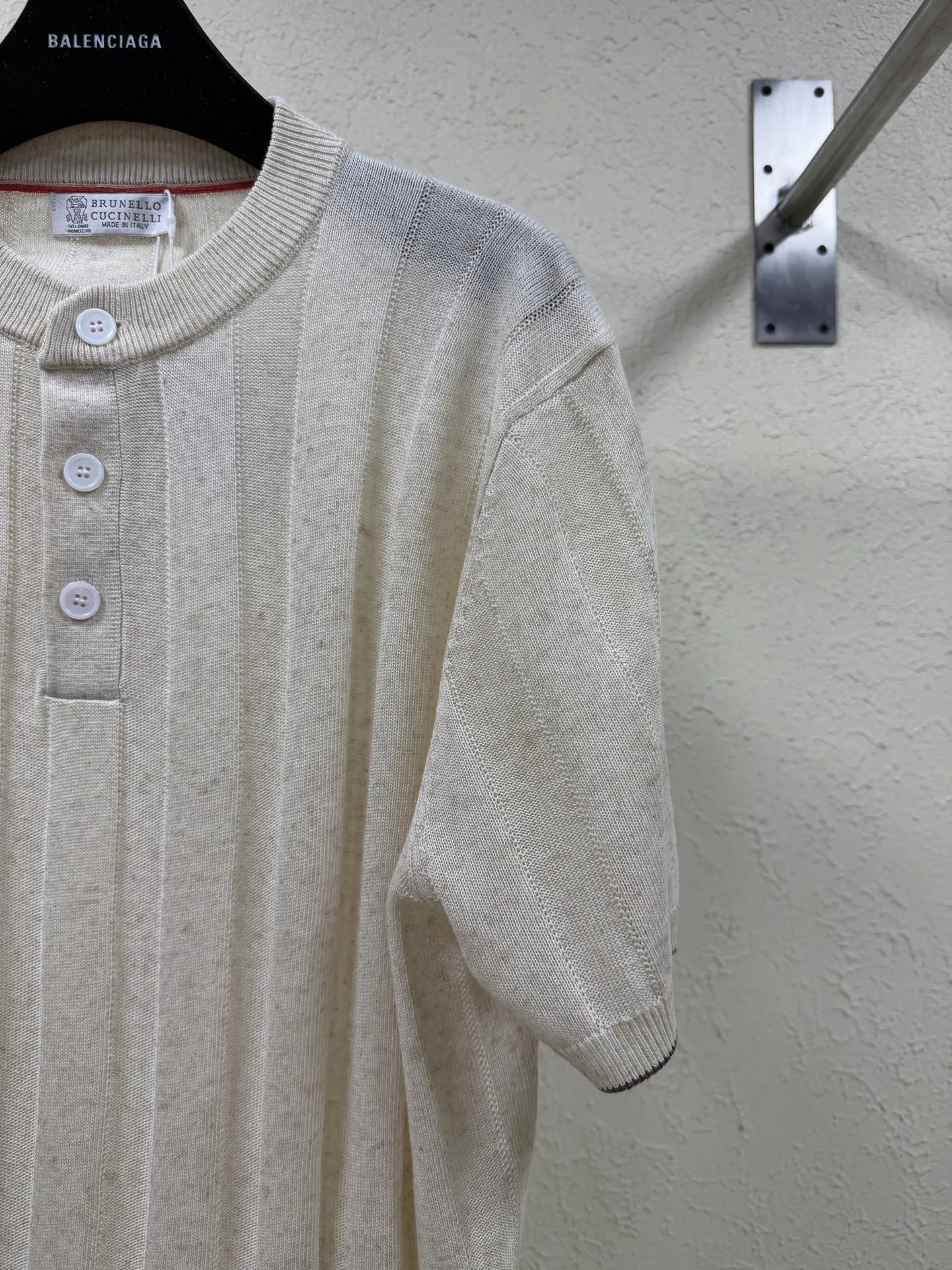 Branello Cuainelli Cotton Linen Blend Ribbed Pit Knit Button Henley Collar Short Sleeve Size: S M L XL